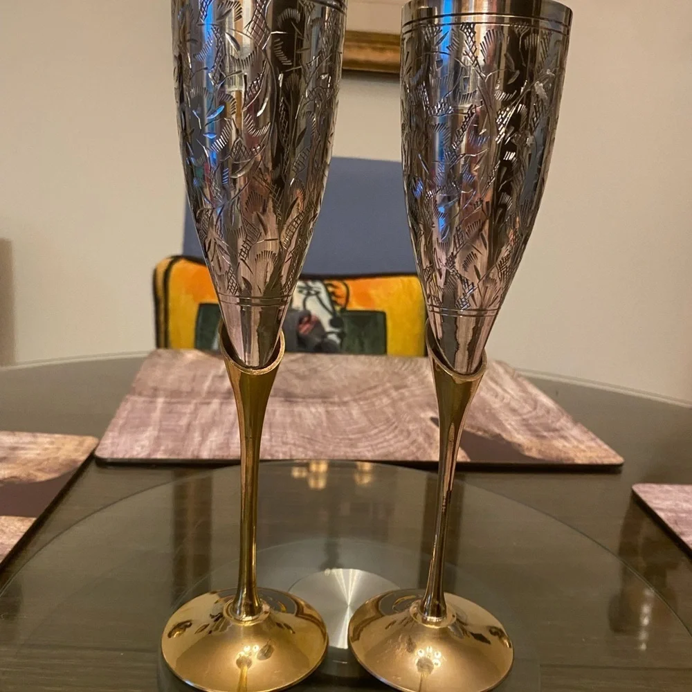 Luxurious Silver and Gold Etched Champagne Flutes
